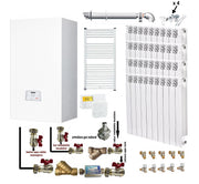 Pachet apartament cu 3 camere, centrala termica pe gaz conventionala Arca Pixel 25 F, 25 kw, kit evacuare inclus, termostat, calorifere aluminiu Fornello Alvo, kit armaturi centrala, robineti calorifere