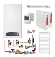 Pachet apartament cu o camera, centrala termica in condensatie Ariston Cares S 24 kW, kit evacuare inclus, termostat, calorifere otel, kit armaturi centrala, robineti calorifer