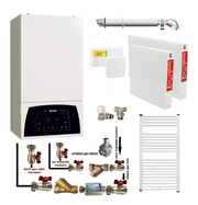 Pachet apartament cu o camera, centrala termica Motan Condens Plus 100 25 kW, condensatie, hidrobloc bronz, raport modulare 1:10, termostat, kit evacuare inclus, calorifere otel, kit armaturi centrala, robineti calorifer