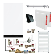 Pachet apartament cu o camera, centrala termica murala cu condensare Viessmann Vitodens 050-W tip B0KA 25 kW,termostat Salus IT 500, kit evacuare inclus, calorifere otel, kit armaturi centrala, robineti calorifer