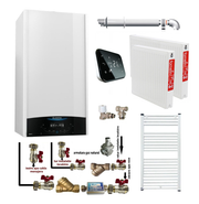 Pachet apartament cu o camera, centrala termica murala in condensare Ariston Genus One+ 24, Gaz, 24 kW, kit de evacuare inclus, termostat Salus IT 500, calorifere otel, kit armaturi centrala, robineti calorifere