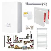 Pachet apartament cu o camera, centrala termica pe gaz conventionala Arca Pixel 25 F, 25 kw, kit evacuare inclus, termostat, calorifere otel, kit armaturi centrala, robineti calorifere