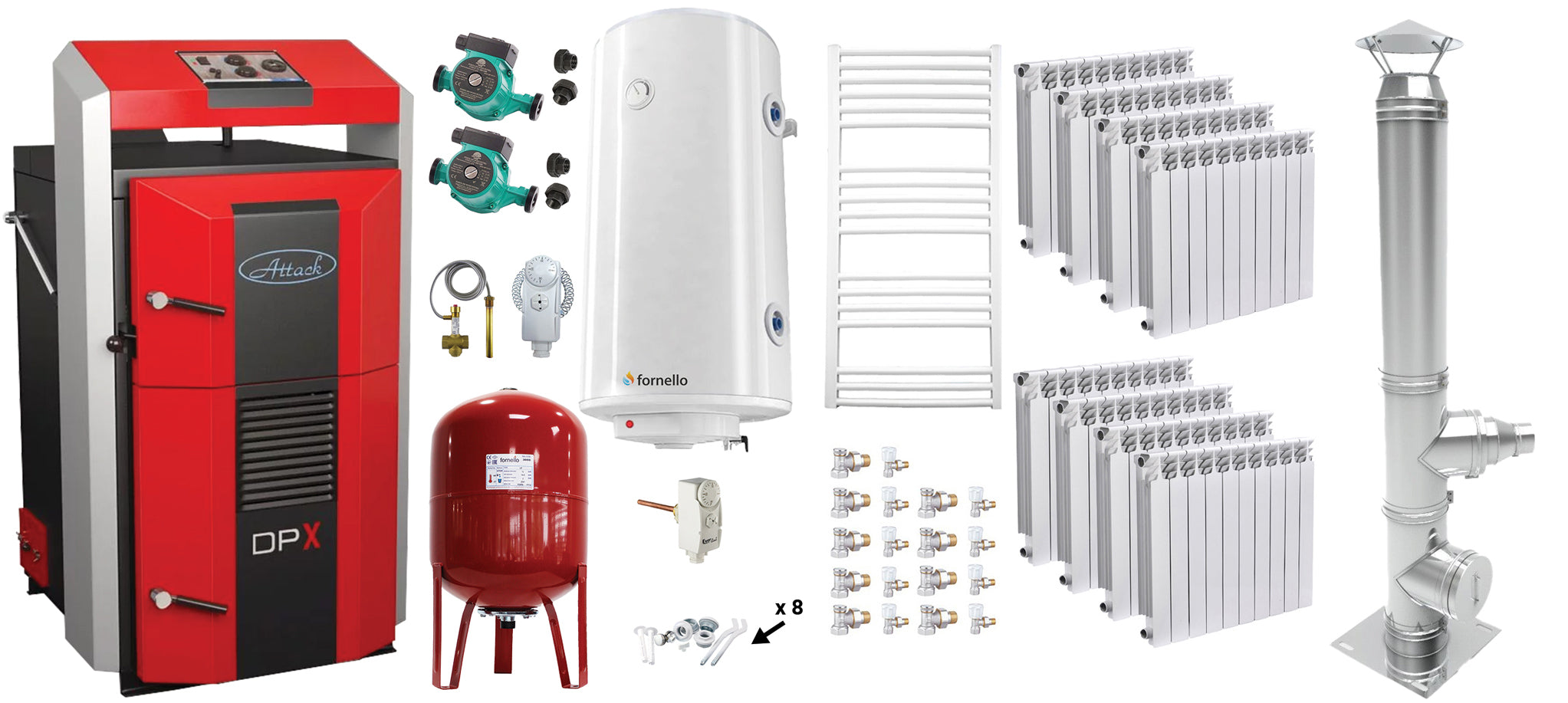 Pachet basic Cazan (centrala) pe combustibil solid, Attack DPX Standard cu gazeificare, 45 kW, calorifere aluminiu Fornello Alvo, cos inox, boiler, vas expansiune, 2 pompe circulare, vana sts, termostat imersie si termostat contact
