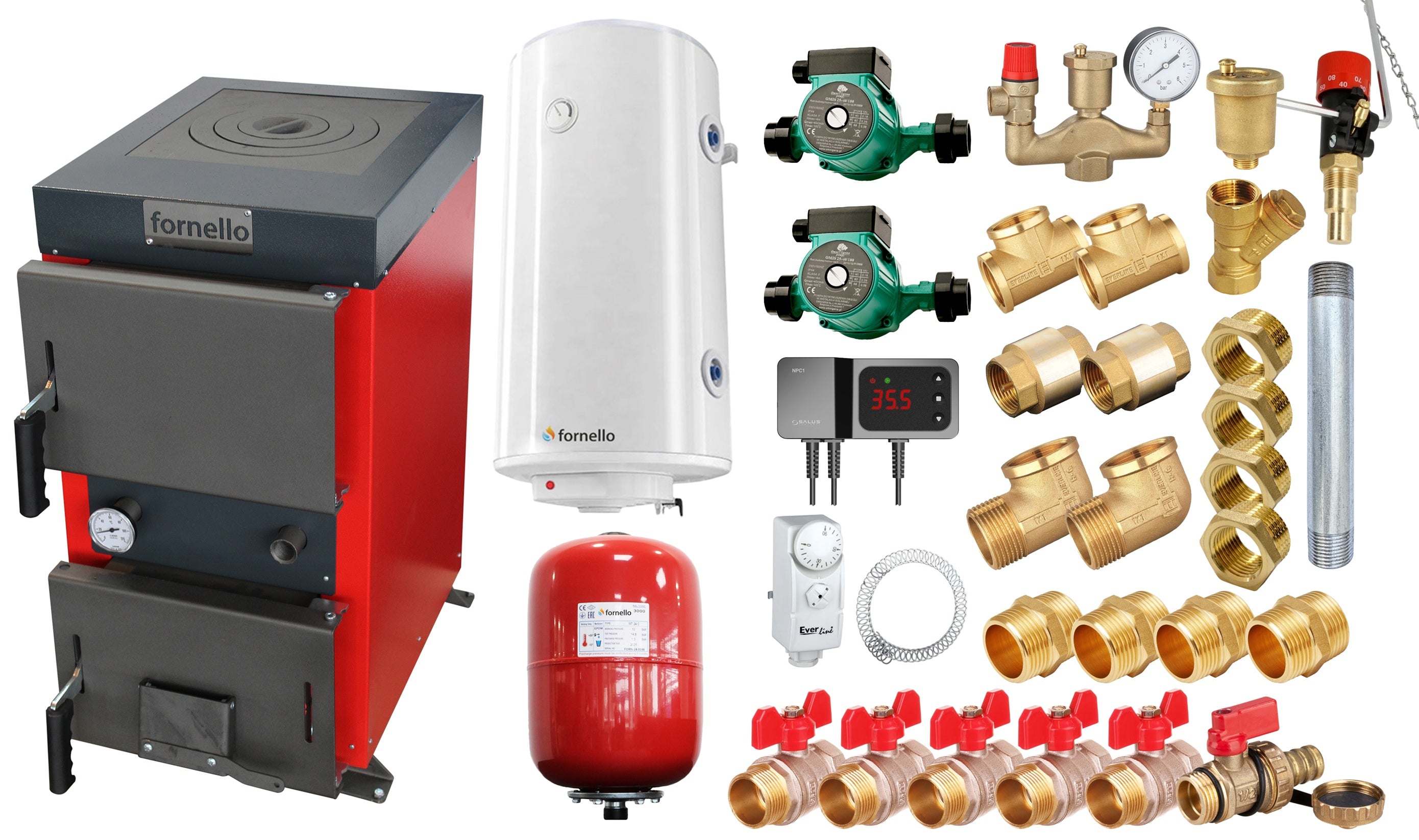 Pachet Cazan (centrala) cu plita pe combustibil solid (lemn, carbune, brichete), Fornello Rustic KP 12 kW, Pompe, Boiler, Vas expansiune, Fitinguri montaj