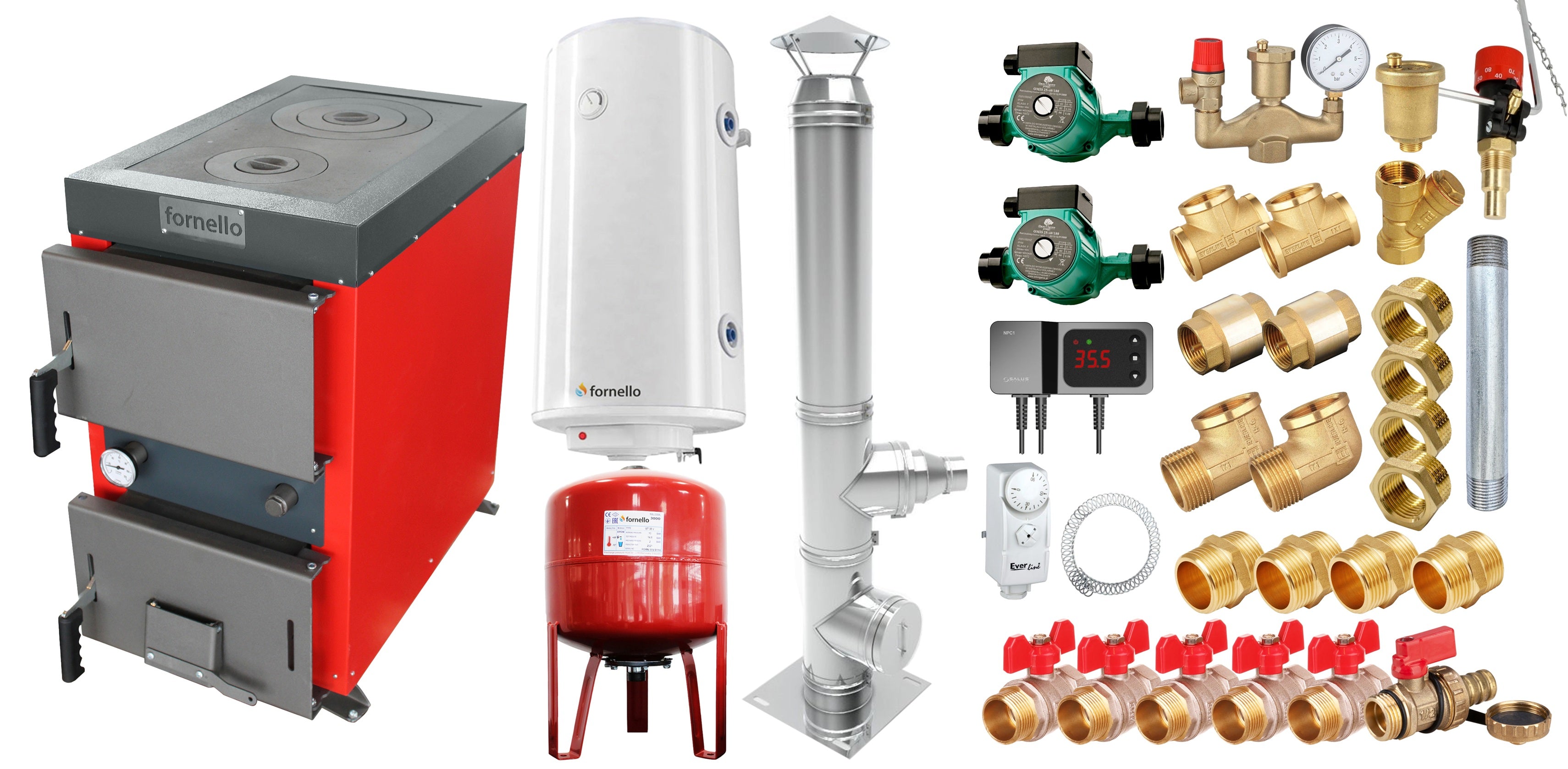 Pachet Cazan (centrala) cu plita pe combustibil solid (lemn, carbune, brichete), Fornello Rustic KP 20 kW, Cos inox, Pompe, Boiler, Vas expansiune, Fitinguri montaj