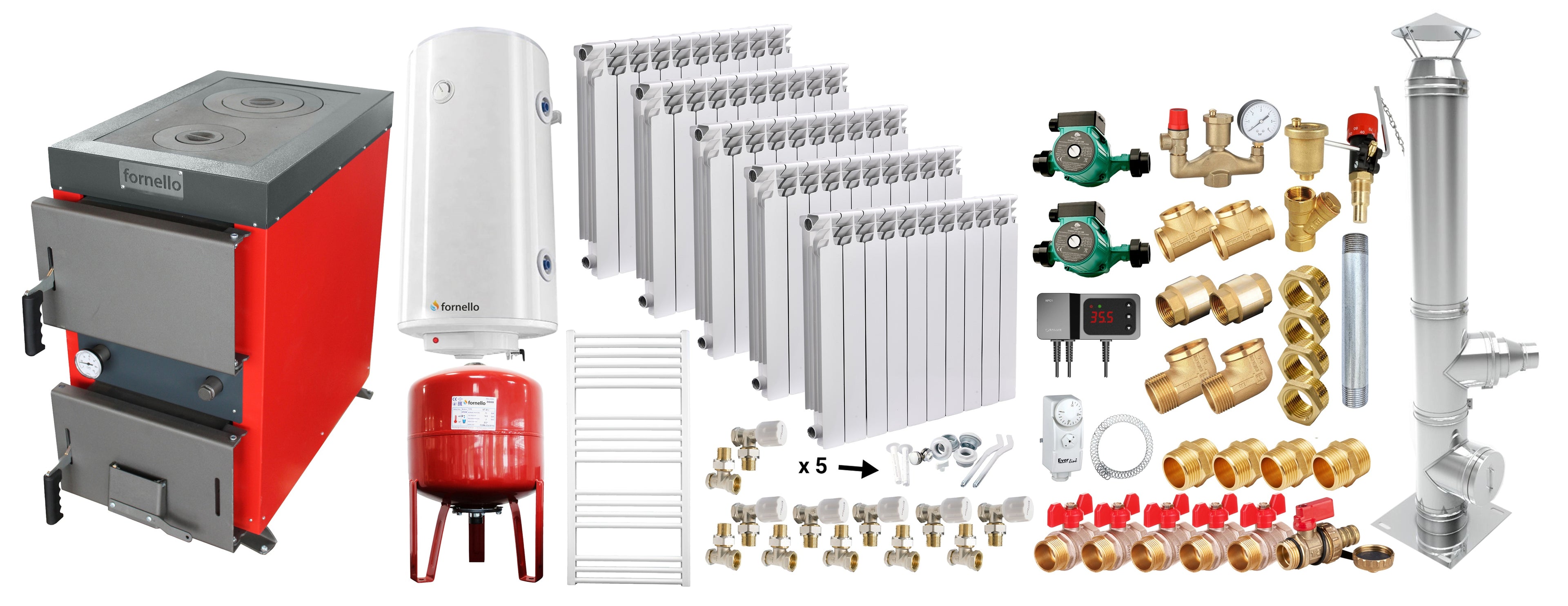 Pachet Cazan (centrala) cu plita pe combustibil solid (lemn, carbune, brichete), Fornello Rustic KP 20 kW, Cos inox, Calorifere aluminiu, Pompe, Boiler, Vas expansiune, Fitinguri montaj