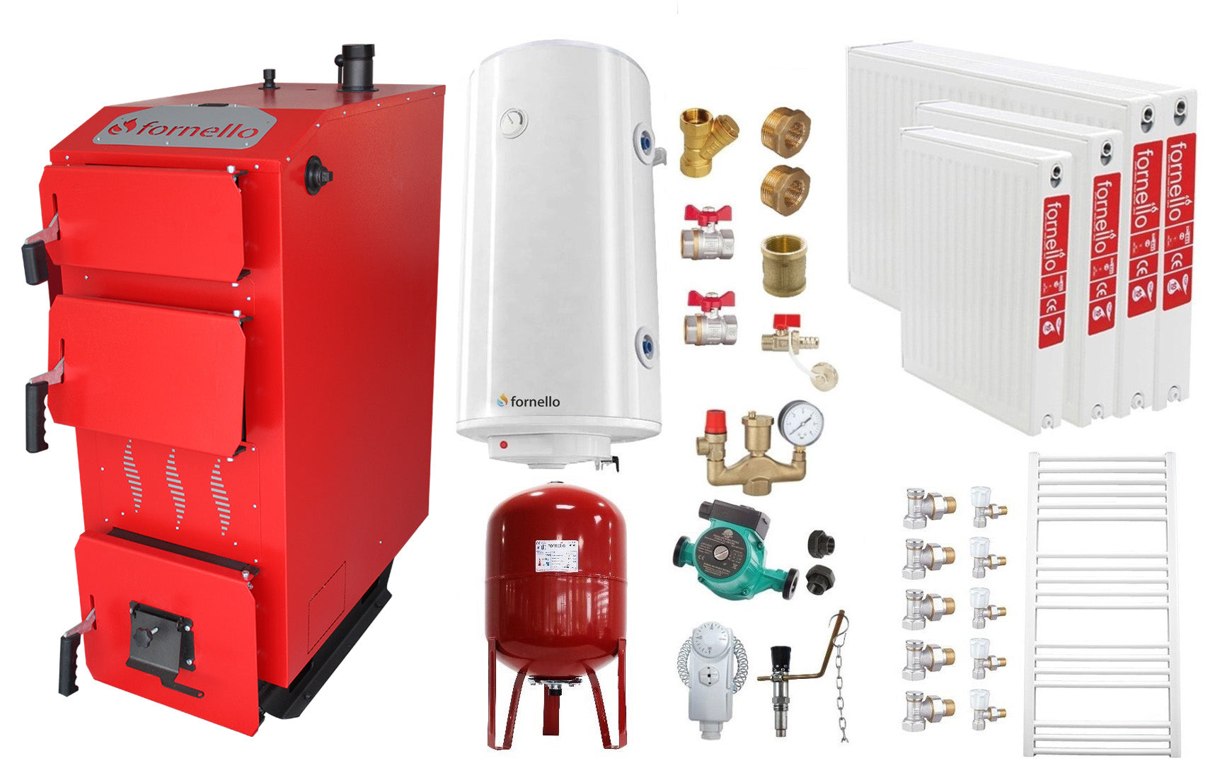 Pachet Cazan (centrala) pe combustibil solid, (lemn, carbune), Fornello Praktik 25 kW, Radiatoare Otel, Boiler, Vas Expansiune, Pompa, Fitinguri Montaj