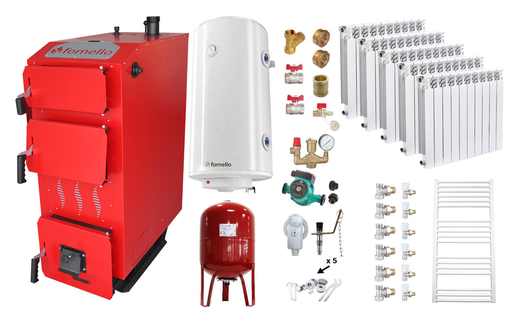 Pachet Cazan (centrala) pe combustibil solid, (lemn, carbune), Fornello Praktik 25 kW, Calorifere Aluminiu Fornello Alvo, Boiler, Vas Expansiune, Pompa, Fitinguri Montaj