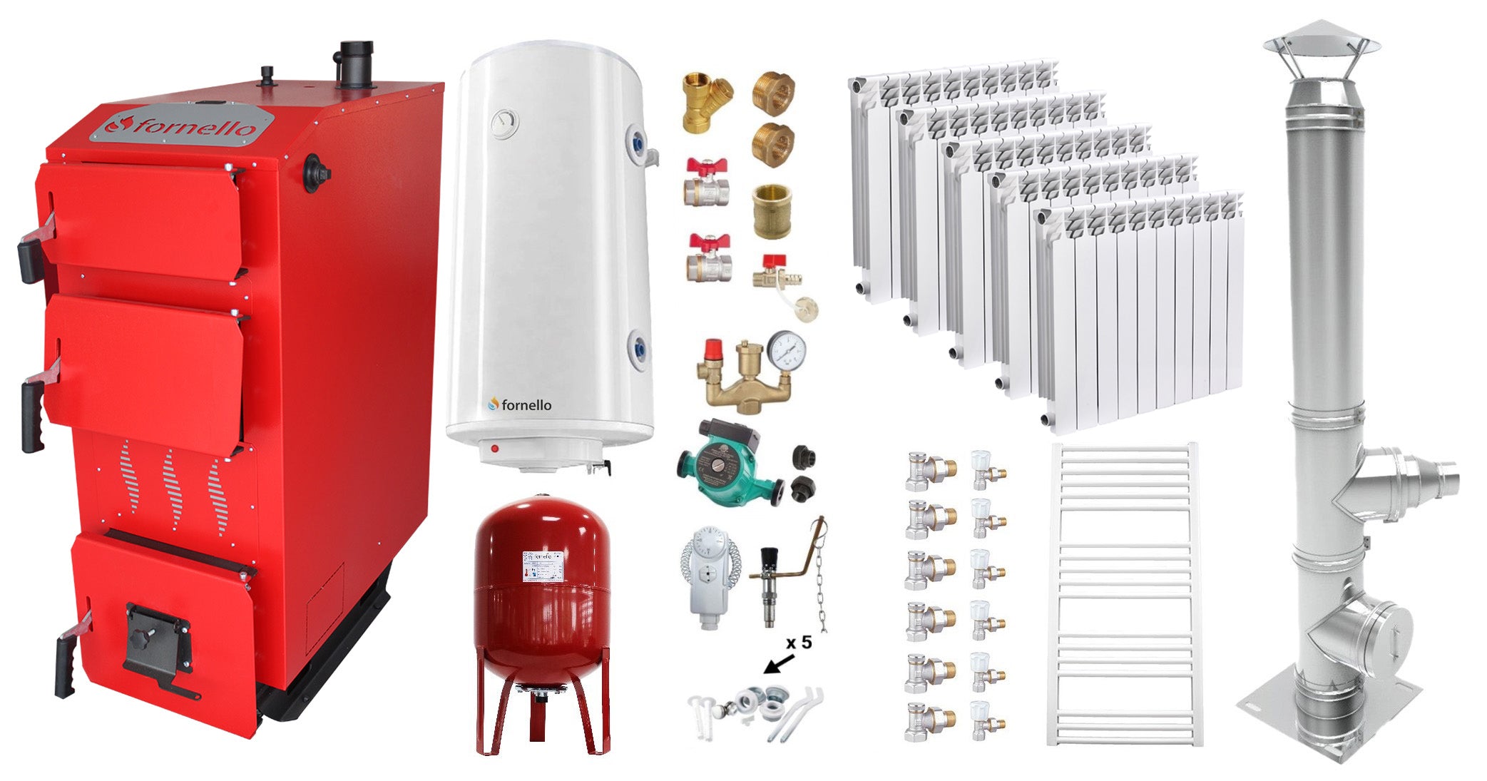 Pachet Cazan (centrala) pe combustibil solid, (lemn, carbune), Fornello Praktik 25 kW, Cos Inox, Calorifere Aluminiu Fornello Alvo, Boiler, Vas Expansiune, Pompa, Fitinguri Montaj