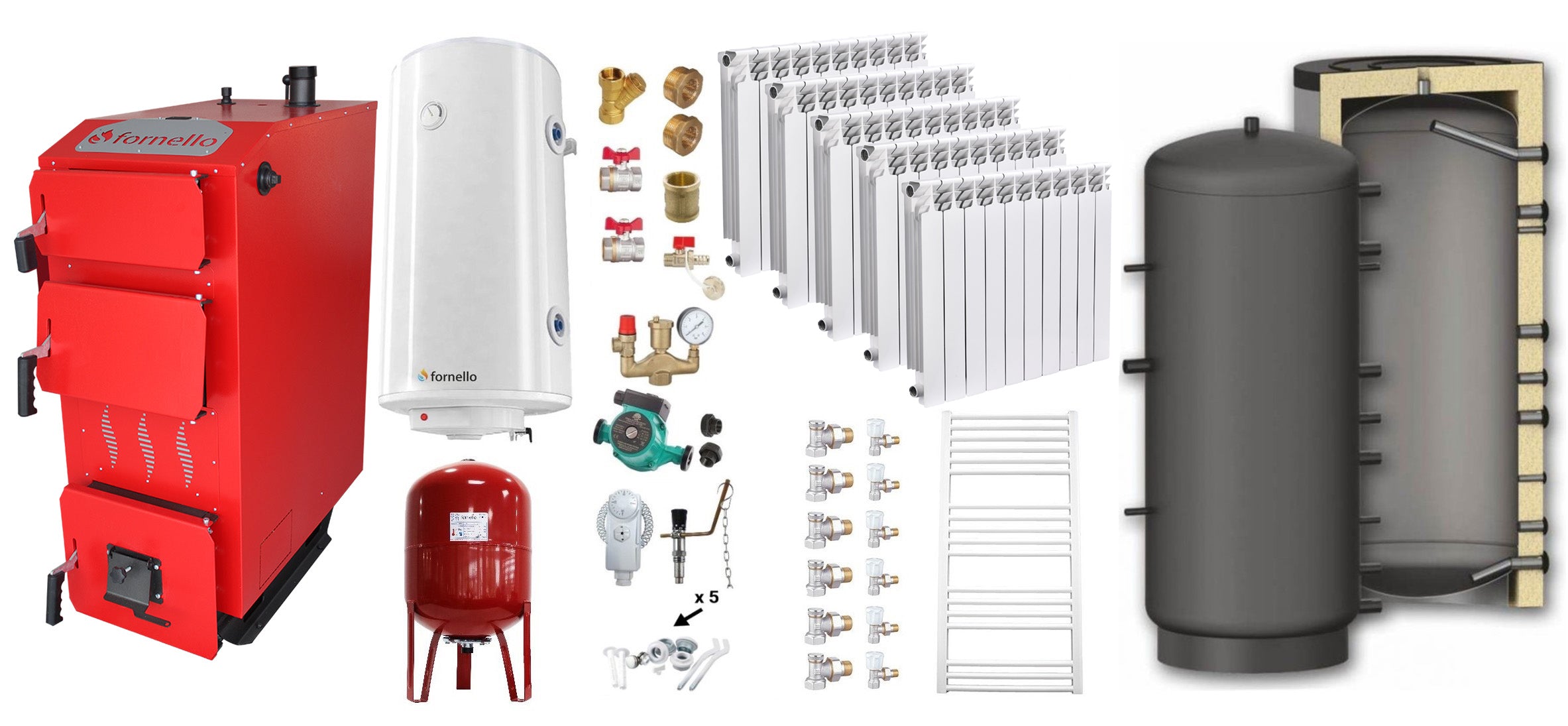 Pachet Cazan (centrala) pe combustibil solid, (lemn, carbune), Fornello Praktik 25 kW, Puffer 800 litri, Calorifere Aluminiu Fornello Alvo, Boiler, Vas Expansiune, Pompa, Fitinguri Montaj