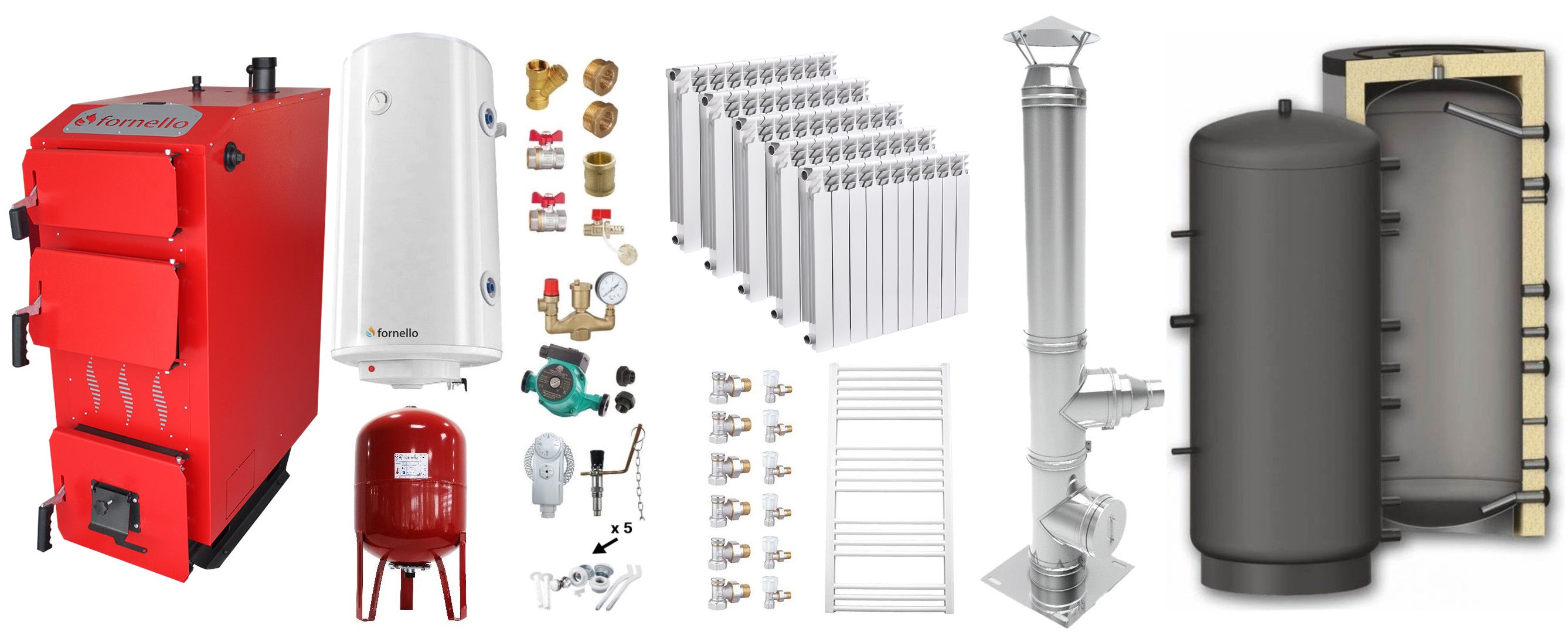 Pachet Cazan (centrala) pe combustibil solid, (lemn, carbune), Fornello Praktik 30 kW, Puffer 1000 litri, Cos Inox, Calorifere Aluminiu Fornello Alvo, Boiler, Vas Expansiune, Pompa, Fitinguri Montaj