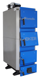 Pachet Cazan (centrala) pe combustibil solid, (lemn, carbune), Fornello Joker 42 kW, Cos Inox, Boiler, Vas Expansiune, Pompa, Fitinguri Montaj