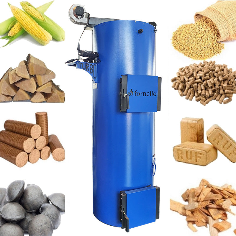 Pachet Cazan (centrala) pe combustibil solid tip lumanare Fornello Turbo 25 kW, Cos Inox, Calorifere Aluminiu Fornello Alvo, Boiler, Vas Expansiune, Pompa, Fitinguri Montaj