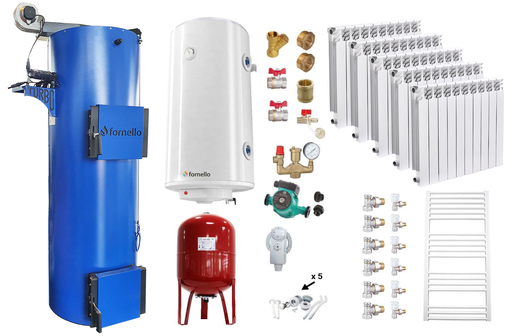 Pachet Cazan (centrala) pe combustibil solid, tip lumanare Fornello Turbo 25 kW, Calorifere Aluminiu Fornello Alvo, Boiler, Vas Expansiune, Pompa, Fitinguri Montaj