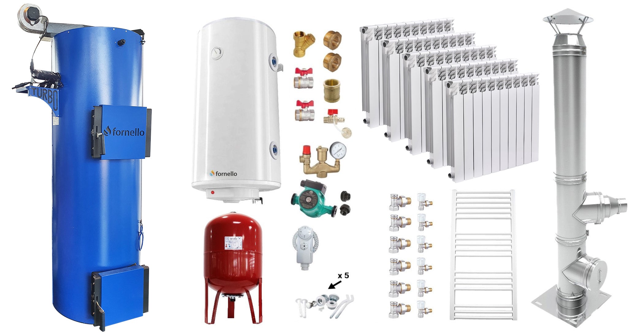 Pachet Cazan (centrala) pe combustibil solid tip lumanare Fornello Turbo 25 kW, Cos Inox, Calorifere Aluminiu Fornello Alvo, Boiler, Vas Expansiune, Pompa, Fitinguri Montaj