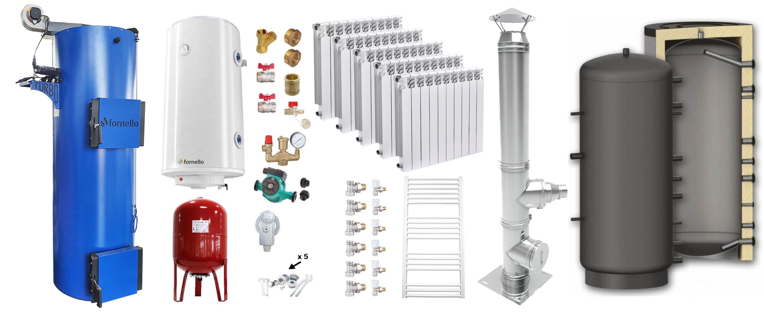 Pachet Cazan (centrala) pe combustibil solid tip lumanare Fornello Turbo 25 kW, Puffer 800 litri, Cos Inox, Calorifere Aluminiu Fornello Alvo, Boiler, Vas Expansiune, Pompa, Fitinguri Montaj