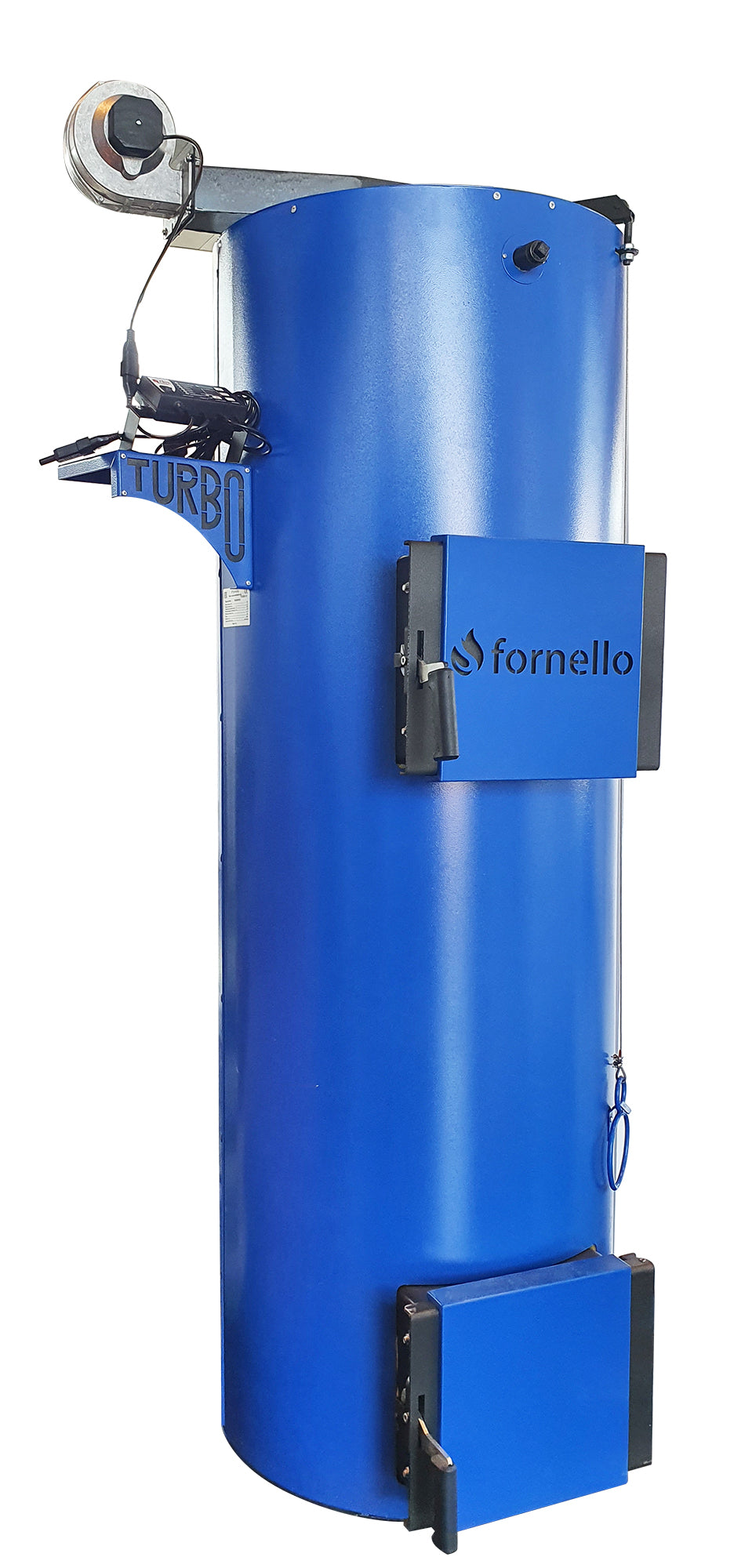 Pachet Cazan (centrala) pe combustibil solid tip lumanare Fornello Turbo 50 kW, Radiatoare Otel, Boiler, Vas Expansiune, Pompa, Fitinguri Montaj