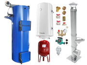 Pachet Cazan (centrala) pe combustibil solid tip lumanare Fornello Turbo 50 kW, Cos Inox, Boiler, Vas Expansiune, Pompa, Fitinguri Montaj