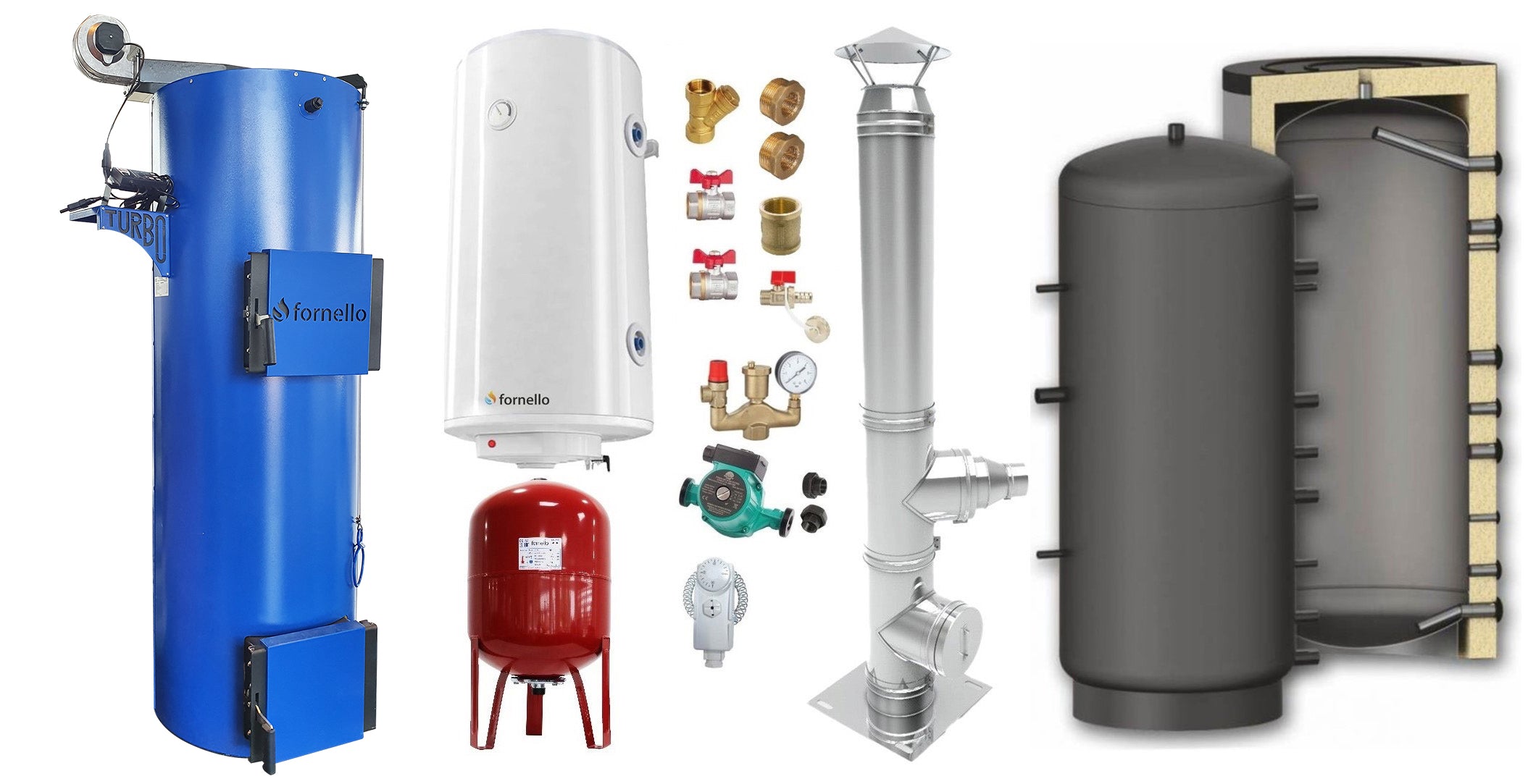 Pachet Cazan (centrala) pe combustibil solid tip lumanare Fornello Turbo 50 kW, Puffer 800 litri, Cos Inox, Boiler, Vas Expansiune, Pompa, Fitinguri Montaj