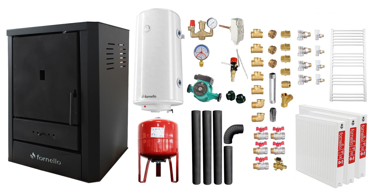 Pachet Cazan (centrala) pe lemne, brichete si carbune Fornello Rimini Black 18 kW, Radiatoare Otel, Boiler Termoelectric, Vas Expansune, Pompa, Kit Evacuare si Fitinguri Montaj