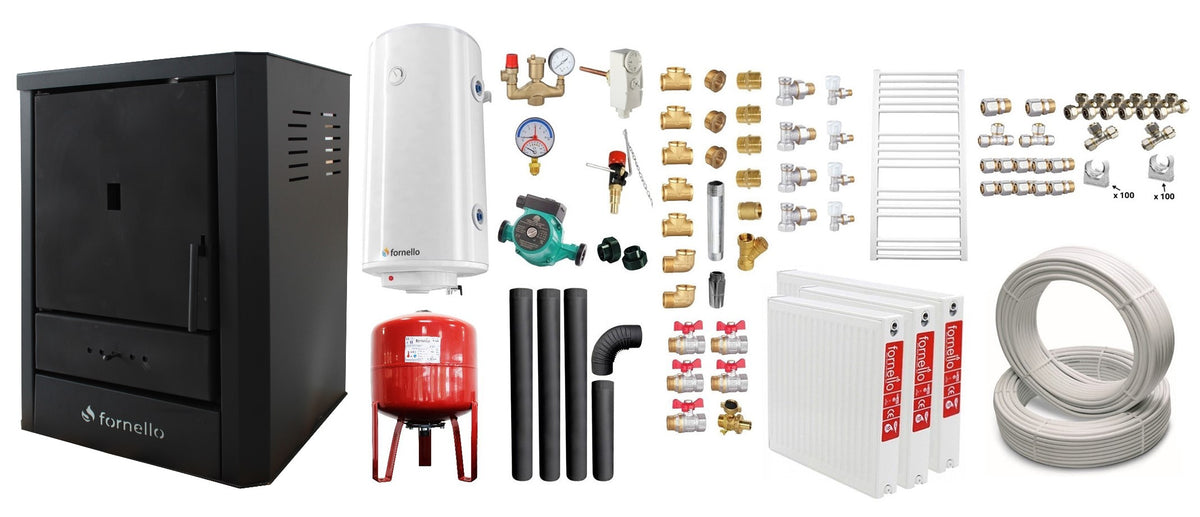 Pachet Cazan (centrala) pe lemne, brichete si carbune Fornello Rimini Black 18 kW, Teava, Radiatoare Otel, Boiler Termoelectric, Vas Expansune, Pompa, Kit Evacuare si Fitinguri Montaj