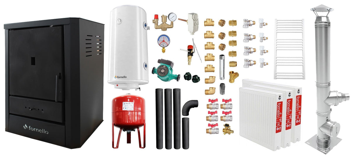 Pachet Cazan (centrala) pe lemne, brichete si carbune Fornello Rimini Black 18 kW, Radiatoare Otel, Cos Inox, Kit evacuare interior, Boiler Termoelectric, Vas Expansune, Pompa si Fitinguri Montaj