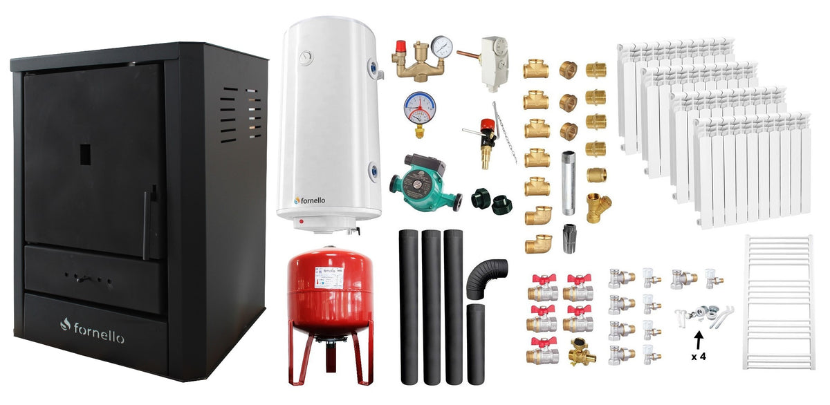 Pachet Cazan (centrala) pe lemne, brichete si carbune Fornello Rimini Black 18 kW, Calorifere aluminiu, Boiler Termoelectric, Vas Expansune, Pompa, Kit Evacuare si Fitinguri Montaj