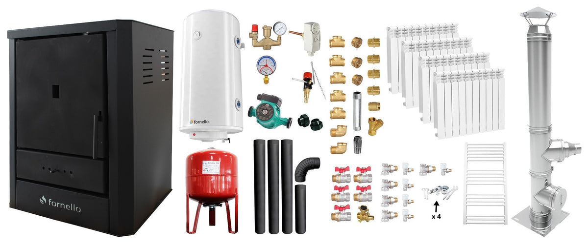 Pachet Cazan (centrala) pe lemne, brichete si carbune Fornello Rimini Black 18 kW, Cos Inox, Kit evacuare interior, Calorifere aluminiu, Boiler Termoelectric, Vas Expansune, Pompa si Fitinguri Montaj