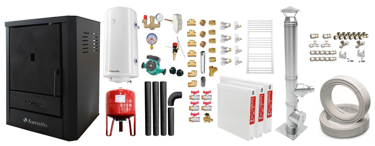 Pachet Cazan (centrala) pe lemne, brichete si carbune Fornello Rimini Black 18 kW, Teava, Radiatoare Otel, Cos Inox, Kit evacuare interior, Boiler Termoelectric, Vas Expansune, Pompa si Fitinguri Montaj