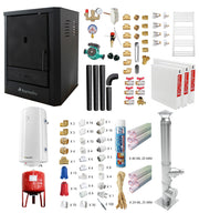 Pachet Cazan (centrala) pe lemne, brichete si carbune Fornello Rimini Black 18 kW, Radiatoare Otel, Teava PPR si Fitinguri Montaj, Cos Inox, Kit evacuare interior, Boiler Termoelectric, Vas Expansune, Pompa