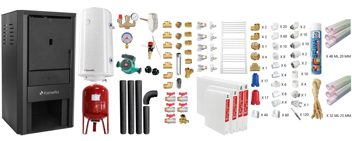 Pachet Cazan pe lemne, brichete si carbune Fornello Monza Black 27 kW, Radiatoare Otel, Teava PPR si Fitinguri Montaj, Boiler Termoelectric, Vas Expansune, Pompa, Kit evacuare