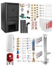 Pachet Cazan pe lemne, brichete si carbune Fornello Monza Black 27 kW, Radiatoare Otel, Teava PPR si Fitinguri Montaj, Cos inox, Kit evacuare interior, Boiler Termoelectric, Vas Expansune, Pompa