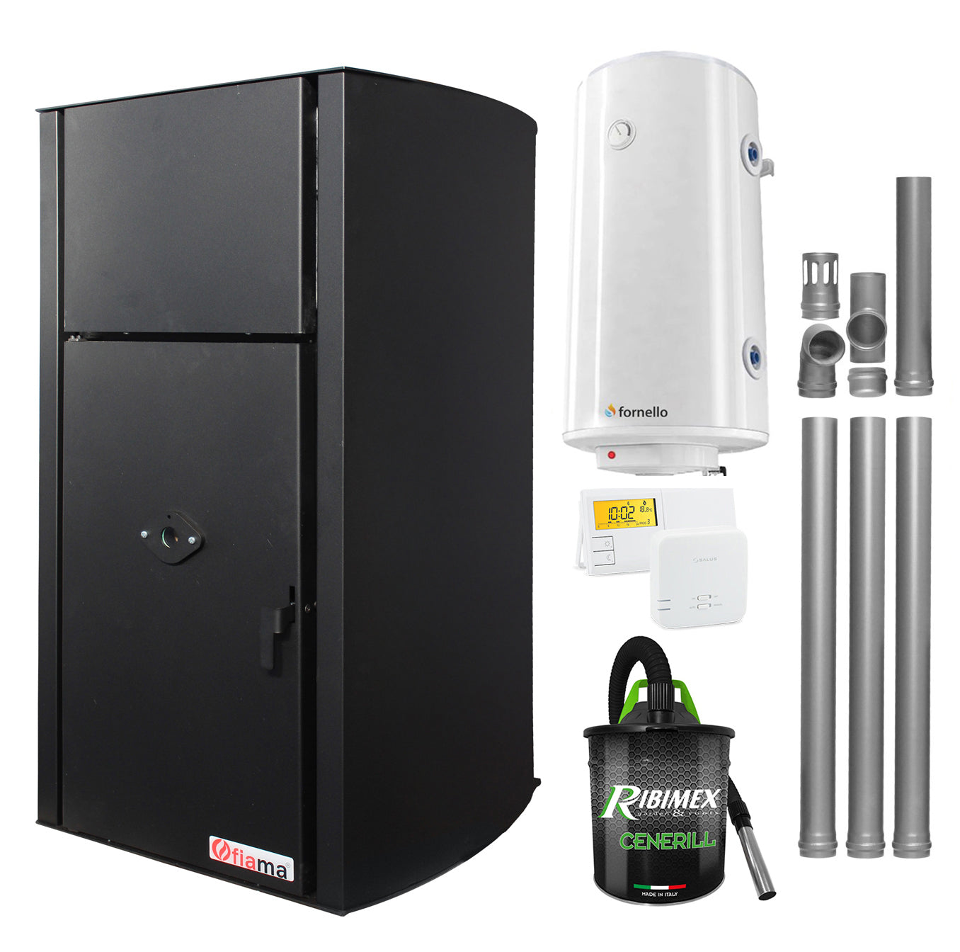 Pachet Centrala pe peleti Fornello Fiama Confort B 25 kw, complet echipata pentru incalzire, Pompa, Vas expansiune, Automatizare, Boiler 100 litri, Termostat Radio Comanda Salus 091FLRFV2, Aspirator Cenusa si Kit evacuare 3.5 ml