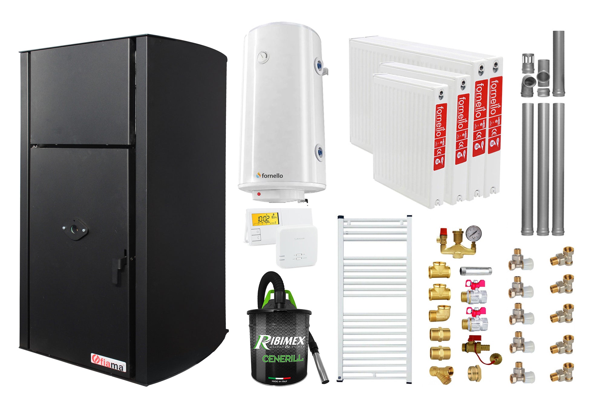 Pachet Centrala pe peleti Fornello Fiama Confort B 25 kw, complet echipata pentru incalzire, Pompa, Vas expansiune, Automatizare, Radiatoare otel, Boiler 100 litri, Termostat, Aspirator, Kit 3.5 ml si Fitinguri montaj