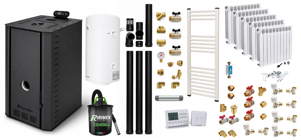 Pachet cazan pe peleti Fornello SERENA B, 25 kw, complet echipat cu pompa, vas expansiune, supapa siguranta, telecomanda, WI-Fi inclus, arzator fonta, calorifere aluminiu, boiler, termostat, aspirator, fitinguri, kit evacuare 3.5 ml, pana la 150 mp