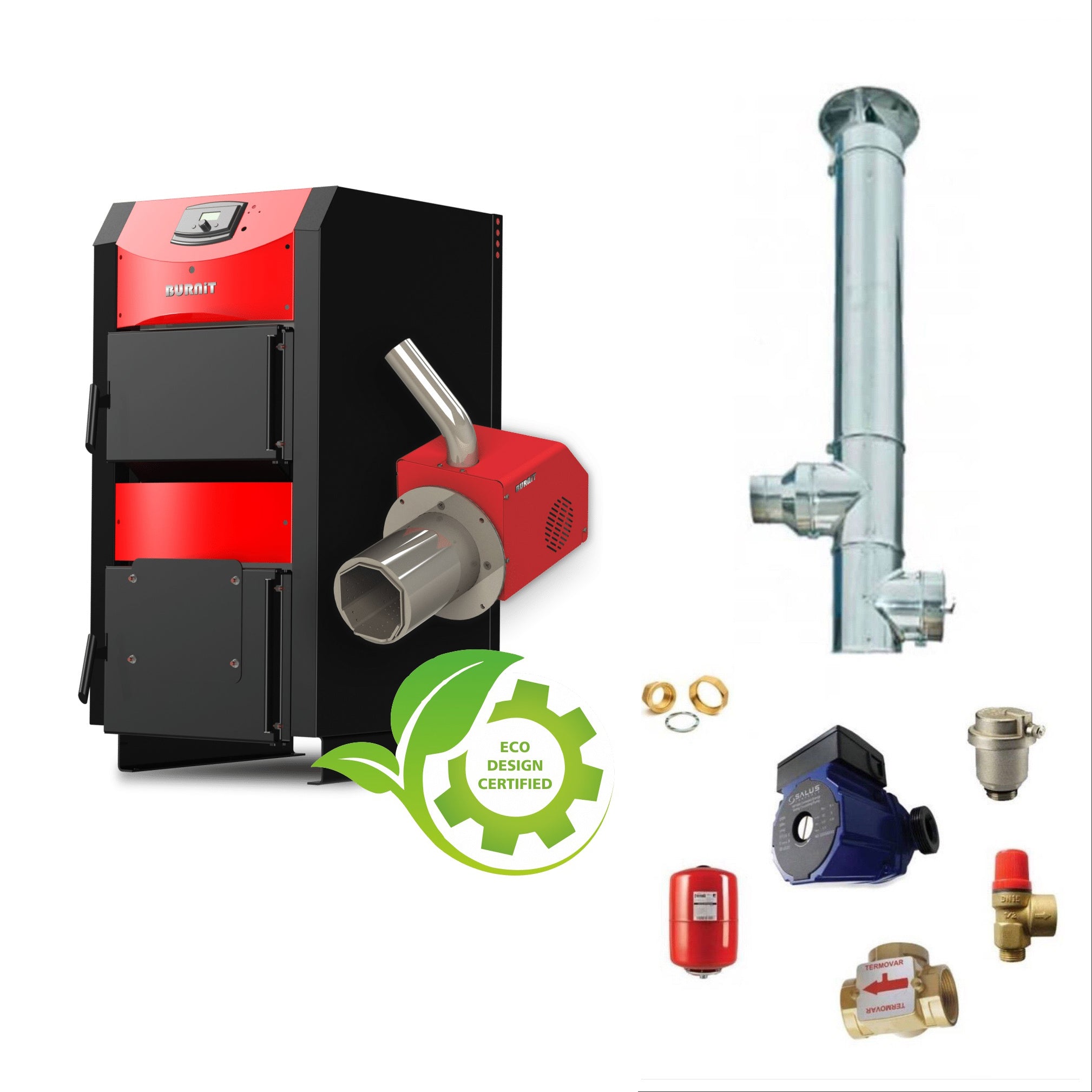 Pachet Centrala mixta combustibil solid si peleti Burnit NWB PRIME 30 kW si Arzator peleti Pell Eco 35 kW, ventilator, automatizare, flansa arzator, serpentina de racire, cos de fum 6 m dn 200, pompa, vas expansiune, supapa, aerisitor, vana 3 cai