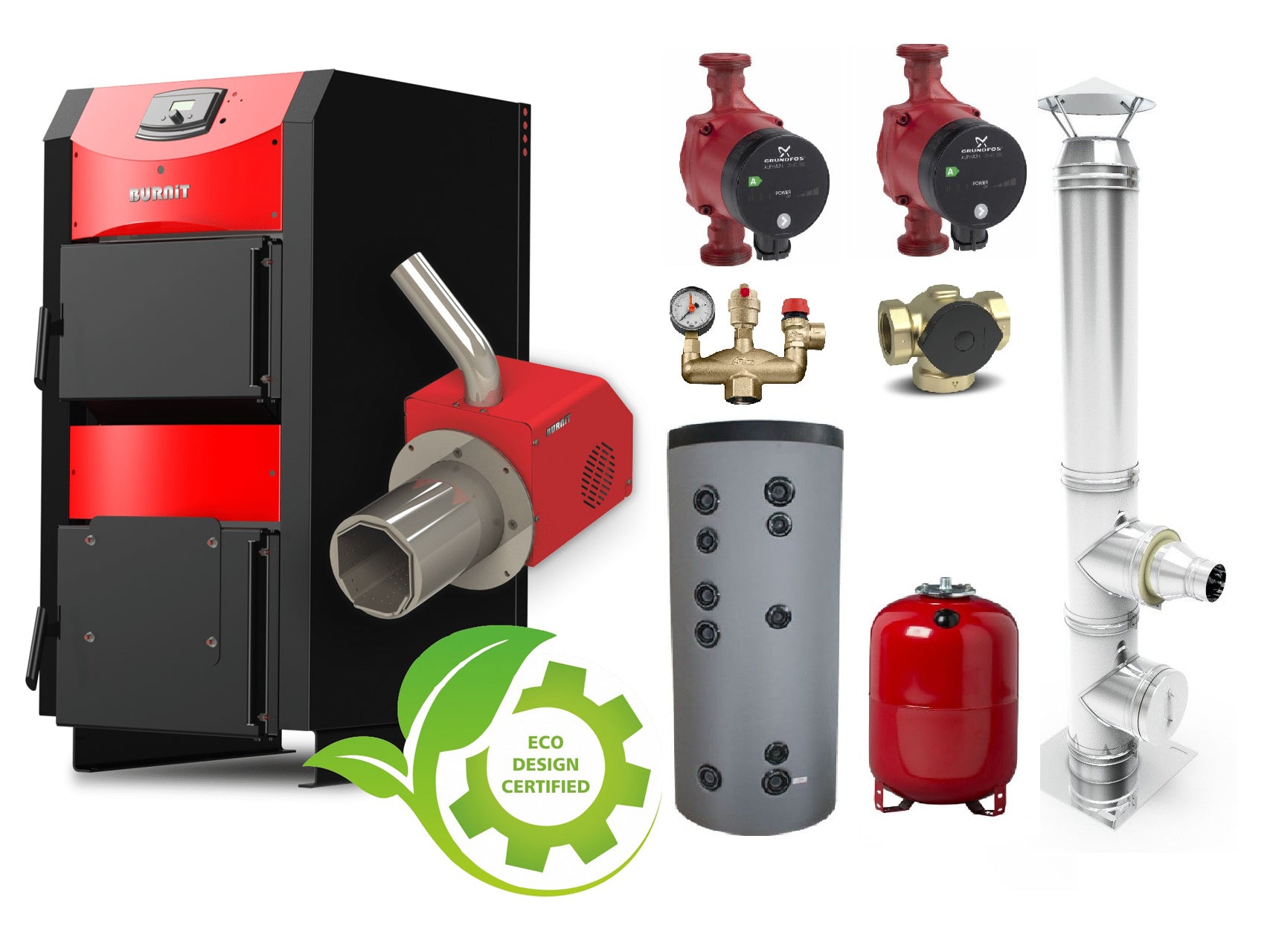 Pachet Centrala mixta combustibil solid si peleti Burnit NWB PRIME 30 kW si Arzator pe peleti Pell Eco 35 kW, cos de fum Fornello inox 6 metri D 200 mm, boiler SON 150 litri 2 serpentine, 2 pompe Grundfos , Vas expansiune 35 litri, termoventil, pana