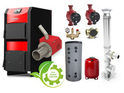 Pachet Centrala mixta combustibil solid si peleti Burnit NWB PRIME 30 kW si Arzator pe peleti Pell Eco 35 kW, cos de fum Fornello inox 6 metri D 200 mm, boiler SON 150 litri 2 serpentine, 2 pompe Grundfos , Vas expansiune 35 litri, termoventil, pana