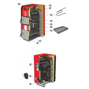 Pachet Centrala mixta combustibil solid si peleti Burnit NWB PRIME 40 kW si Arzator pe peleti Pell Eco 35 kW, cos de fum Fornello inox 6 metri D 200 mm, boiler SON 200 litri 2 serpentine, 2 pompe Grundfos, Vas expasniune 50 litri, termoventil