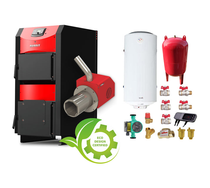 Pachet Centrala mixta combustibil solid si peleti Burnit NWB PRIME 50 kW si Arzator pe peleti Pell Eco 35 kW,ventilator, automatizare, serpentina racire, flansa arzator, pompa circulatie 25-60, vas expansiune 50 l, boiler termoelectric Fornello 120 l