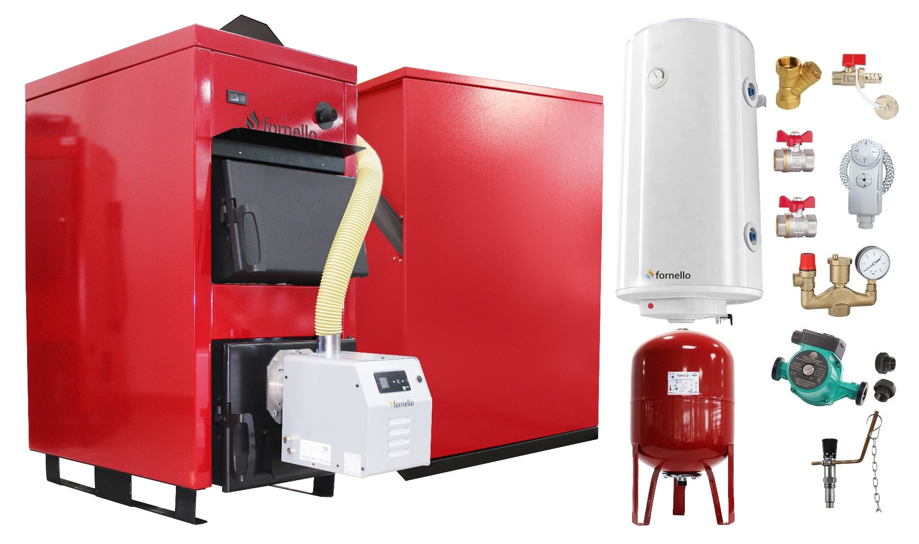 Pachet Centrala Mixta Lemn si Peleti Fornello Eco Energy WB 35 kW, Boiler termoelectric, Vas expansiune, Pompa, Arzator Fornello B-HOME 34 kW cu snec B-MAX, Buncar peleti 280 kg si fitinguri montaj