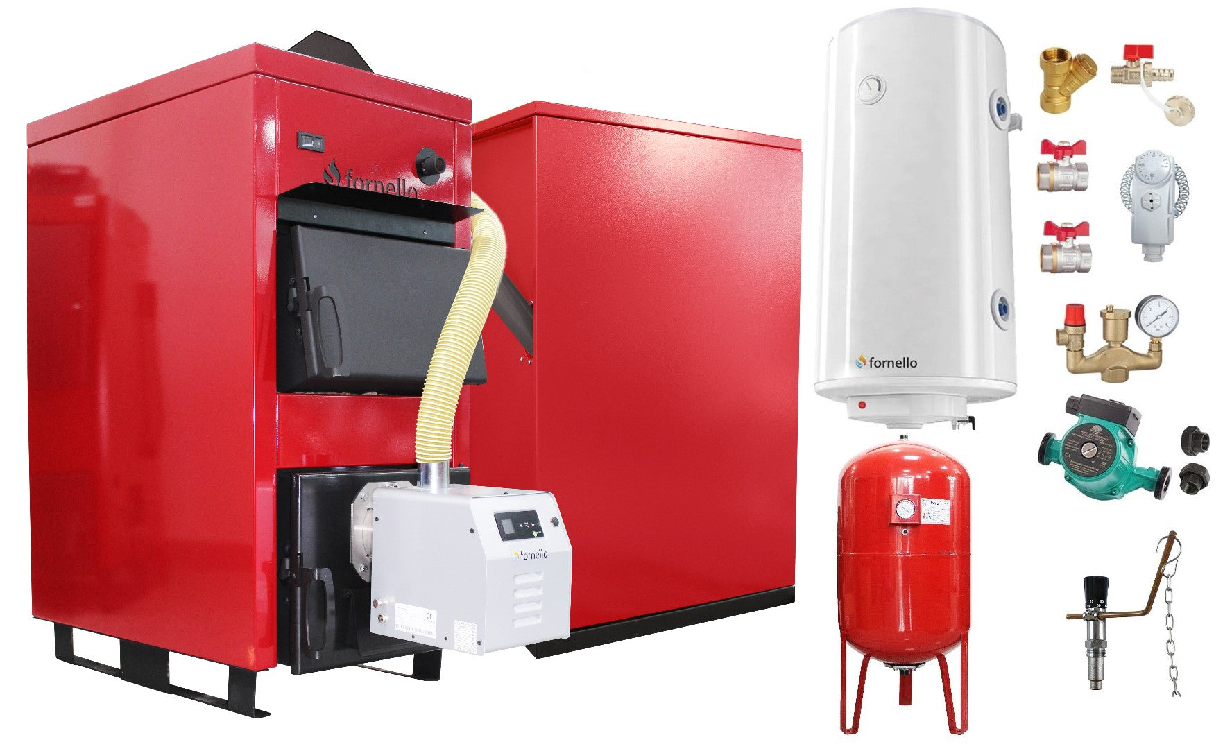 Pachet Centrala Mixta Lemn si Peleti Fornello Eco Energy WB 40 kW, Boiler termoelectric, Vas expansiune, Pompa, Arzator Fornello B-HOME 34 kW cu snec B-MAX, Buncar peleti 280 kg si fitinguri montaj