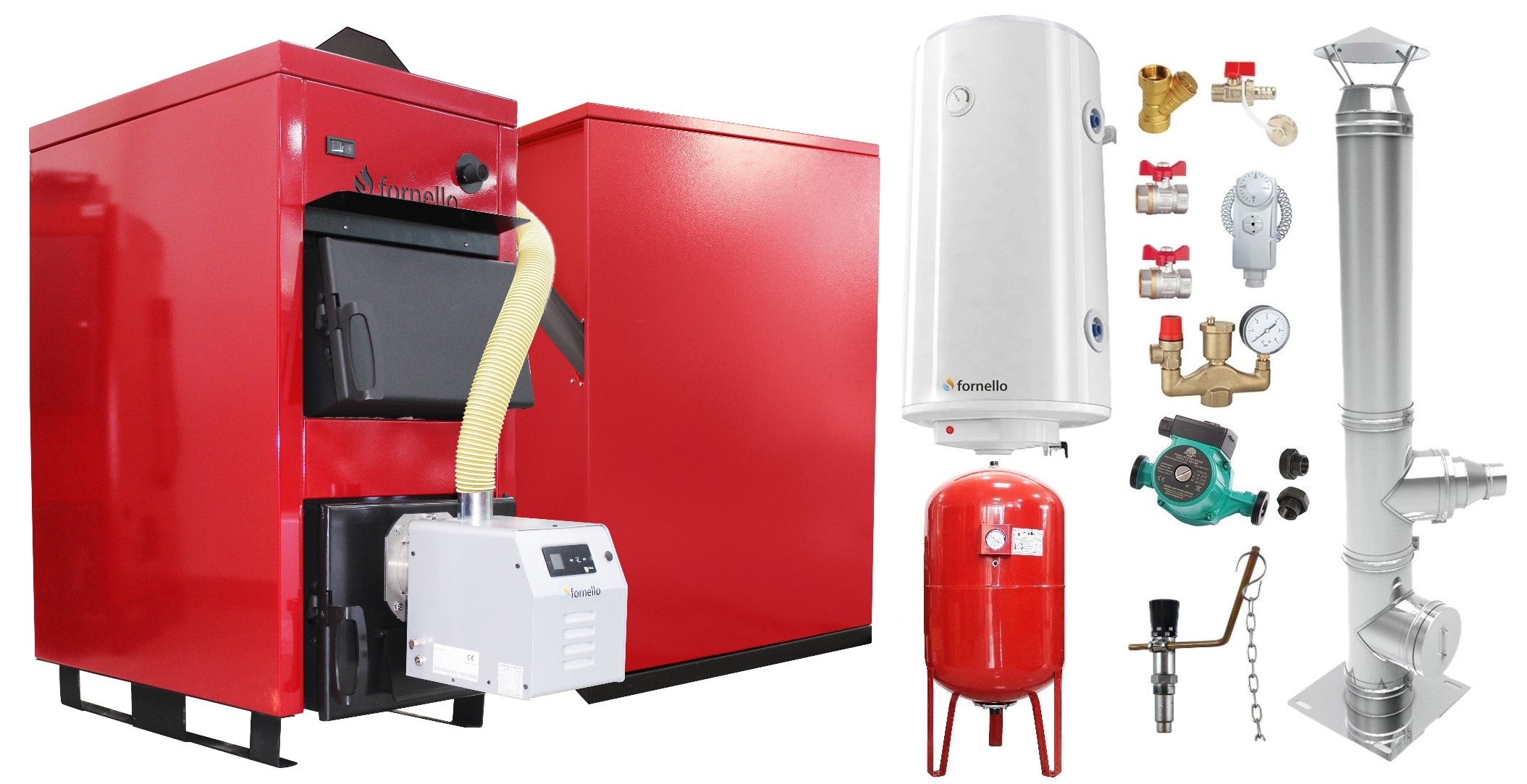 Pachet Centrala Mixta Lemn si Peleti Fornello Eco Energy WB 50 kW, Cos Inox, Boiler termoelectric, Vas expansiune, Pompa, Arzator Fornello B-HOME 34 kW cu snec B-MAX, Buncar peleti 280 kg si fitinguri montaj