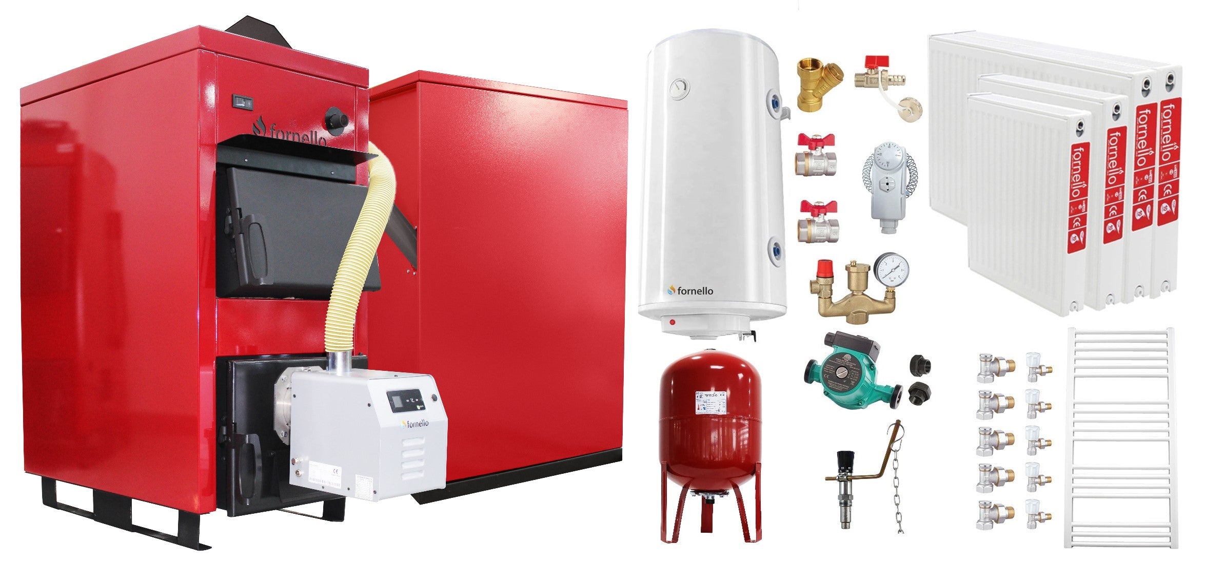 Pachet Centrala Mixta Lemn si Peleti Fornello Eco Energy WB 25 kW, Radiatoare Otel, Boiler termoelectric, Vas expansiune, Pompa, Arzator Fornello B-HOME 34 kW cu snec B-MAX, Buncar peleti 280 kg si fitinguri montaj