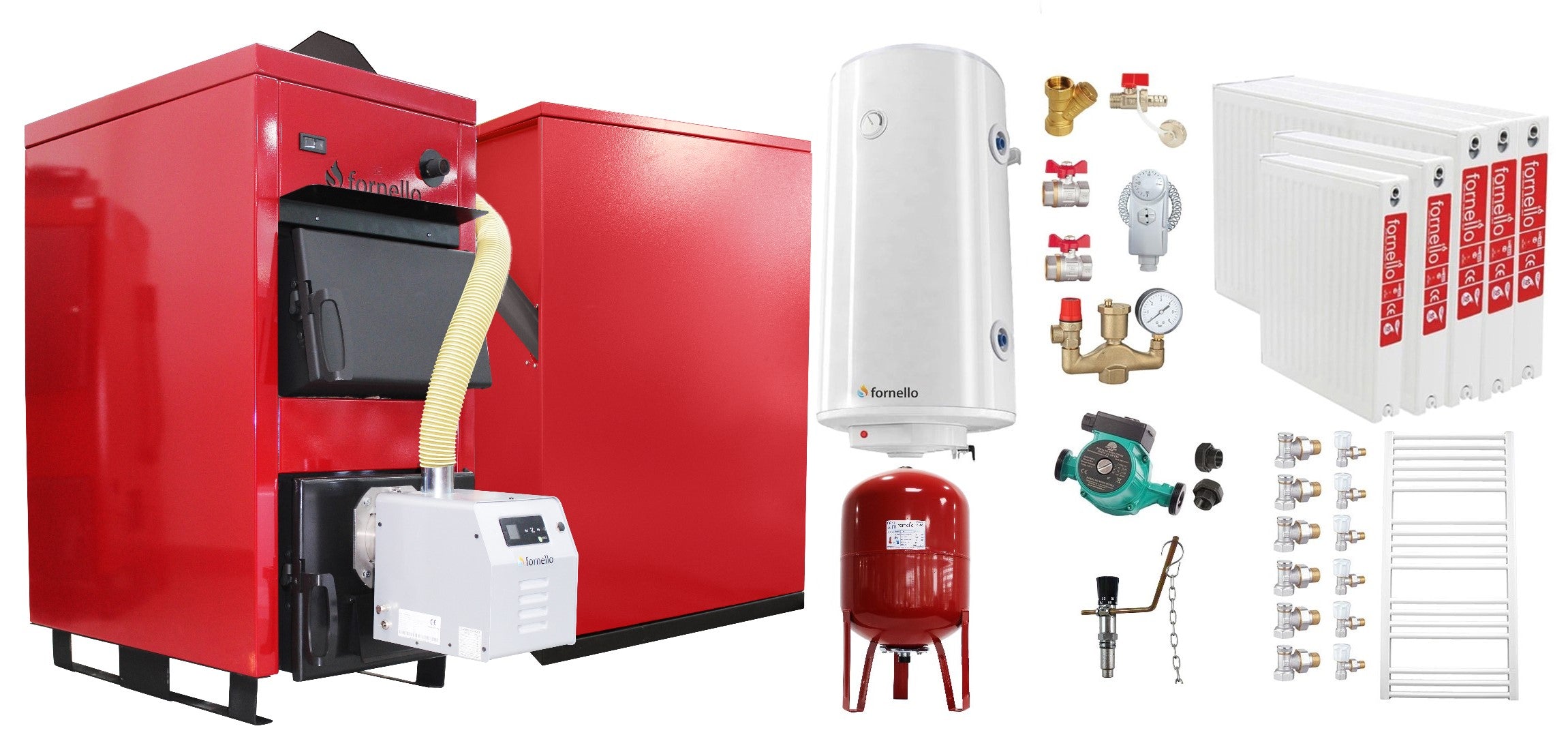 Pachet Centrala Mixta Lemn si Peleti Fornello Eco Energy WB 35 kW, Radiatoare Otel, Boiler termoelectric, Vas expansiune, Pompa, Arzator Fornello B-HOME 34 kW cu snec B-MAX, Buncar peleti 280 kg si fitinguri montaj