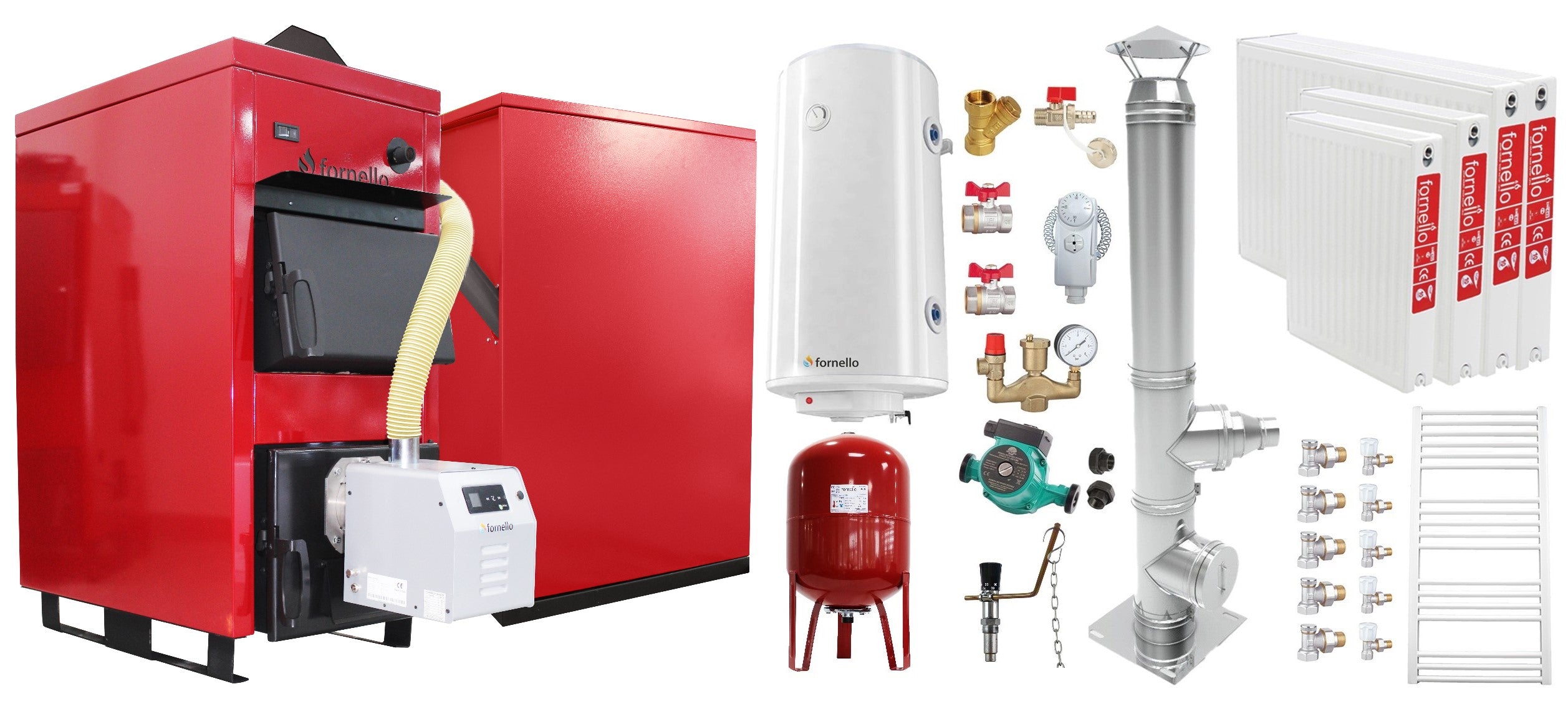 Pachet Centrala Mixta Lemn si Peleti Fornello Eco Energy WB 25 kW, Cos Inox, Radiatoare Otel, Boiler termoelectric, Vas expansiune, Pompa, Arzator Fornello B-HOME 34 kW cu snec B-MAX, Buncar peleti 280 kg si fitinguri montaj