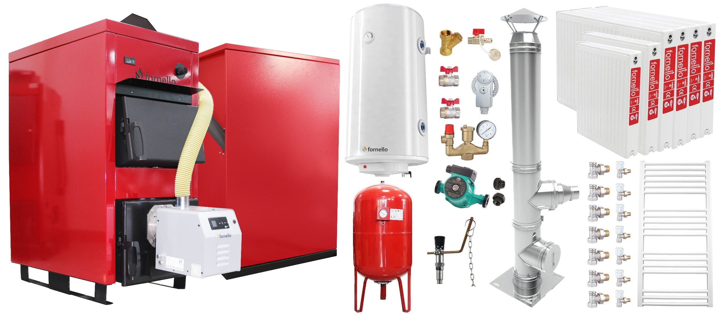 Pachet Centrala Mixta Lemn si Peleti Fornello Eco Energy WB 50 kW, Cos Inox, Radiatoare Otel, Boiler termoelectric, Vas expansiune, Pompa, Arzator Fornello B-HOME 34 kW cu snec B-MAX, Buncar peleti 280 kg si fitinguri montaj