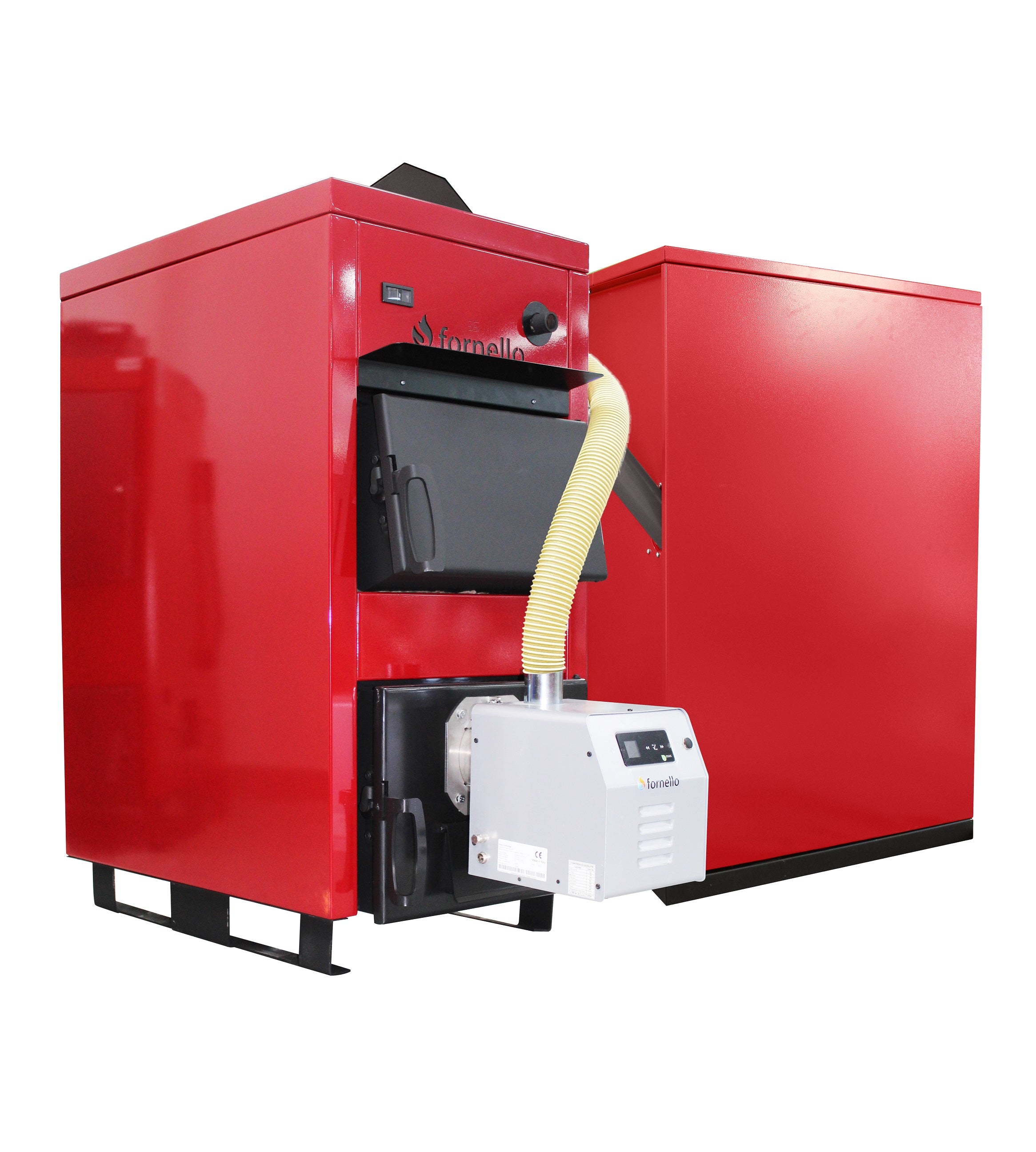 Pachet Centrala Mixta Lemn si Peleti Fornello Eco Energy WB 25 kW, Calorifere Aluminiu Fornello Alvo, Cos Inox, Boiler termoelectric, Vas expansiune, Pompa, Arzator Fornello B-HOME 34 kW cu snec B-MAX, Buncar 280 kg si fitinguri