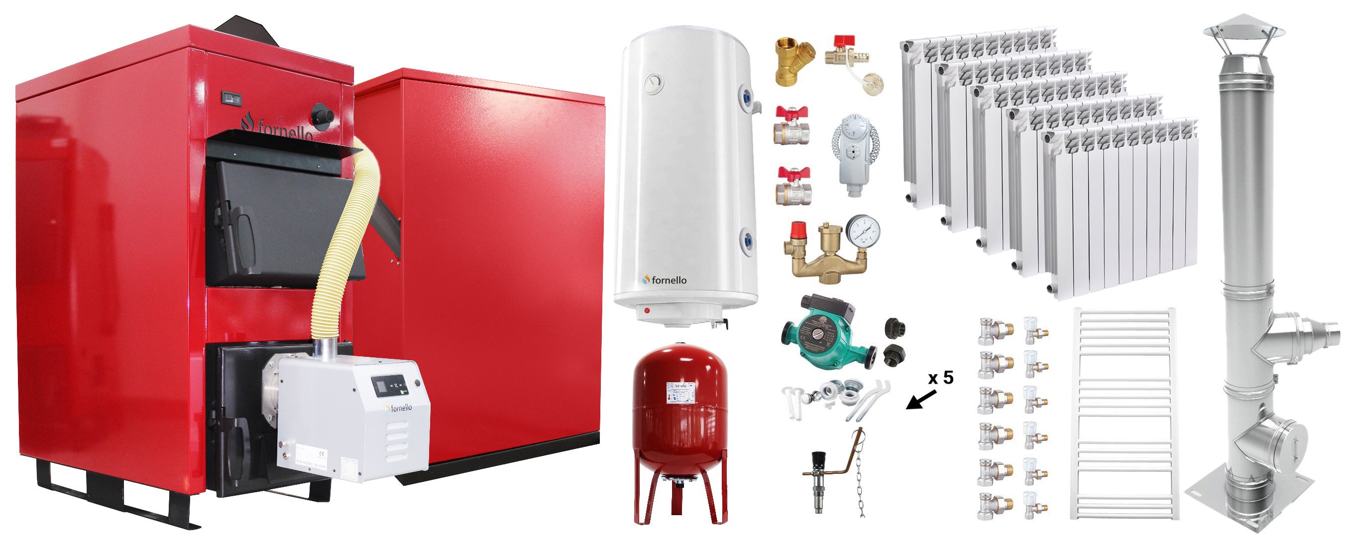 Pachet Centrala Mixta Lemn si Peleti Fornello Eco Energy WB 25 kW, Calorifere Aluminiu Fornello Alvo, Cos Inox, Boiler termoelectric, Vas expansiune, Pompa, Arzator Fornello B-HOME 34 kW cu snec B-MAX, Buncar 280 kg si fitinguri