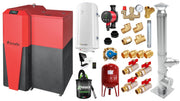 Pachet Centrala mixta Lemn/Pelet Fornello Tera 28 kW, cos inox, boiler, termostat, aspirator, pompa, vas expansiune, fitinguri, aprindere automanta la peleti, buncar peleti 95 kg, creuzet fonta, curatarea facila, pentru 180 mp